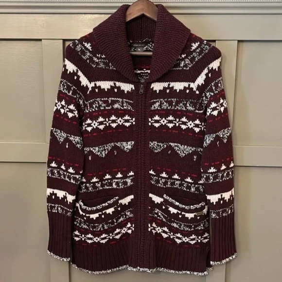 Eddie Bauer Fair Isle Full Zip Sweater Coat Burgundy Aztec Wool Blend Medium - Picture 1 of 9